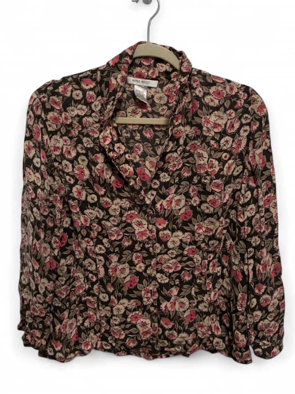 Y2K Nine West Gray Floral Long Sleeve Button-Down Top with Pink Cream Accents